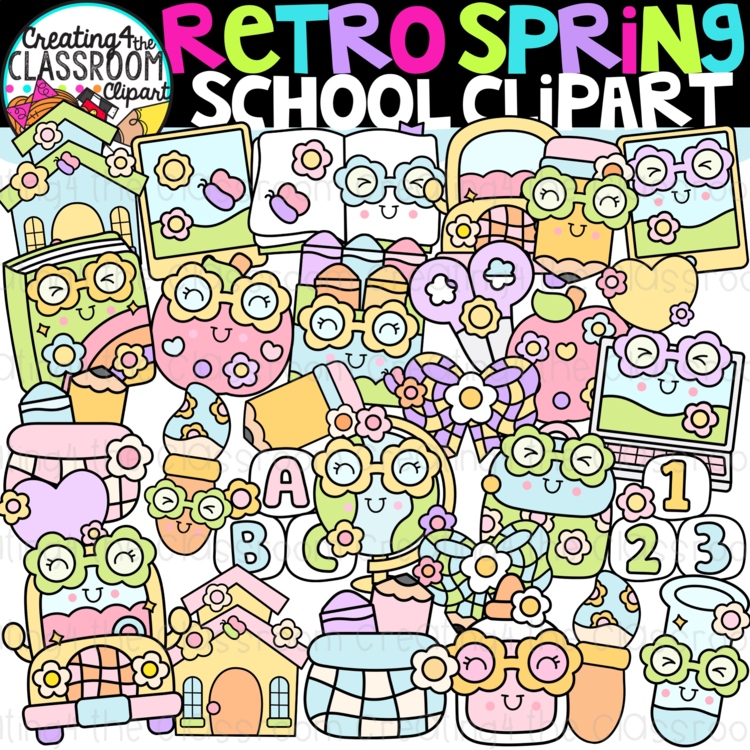Retro Spring School Clipart | Groovy Spring clipart for worksheets