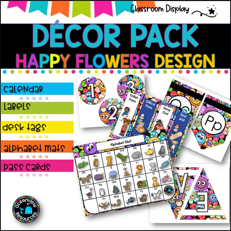 DECOR PACK l Classroom Labels + Signs Pack  | HAPPY FLOWERS DESIGN