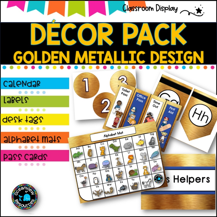 DECOR PACK l Classroom Labels + Signs Pack  |  GOLD METALLIC DESIGN
