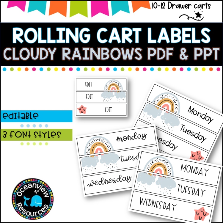 10 Drawer Rolling Cart Labels | CLOUDS AND RAINBOWS DESIGN I Teacher Trolley