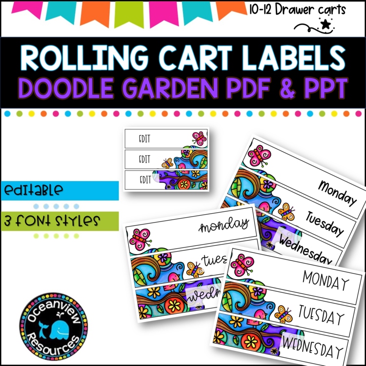 10 Drawer Rolling Cart Labels | COLORFUL DOODLE  DESIGN I  Trolley