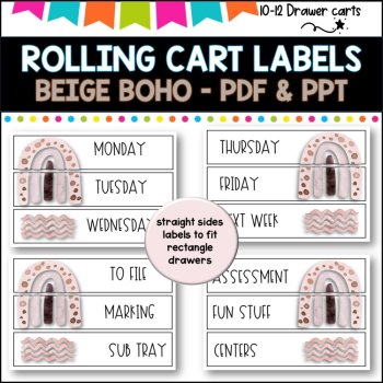 10 Drawer Rolling Cart Labels | BEIGE BOHO RAINBOW DESIGN I Teacher Trolley, image 3