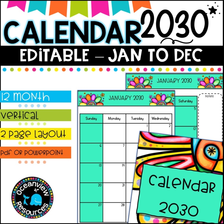 2030 Calendar Editable-January to December