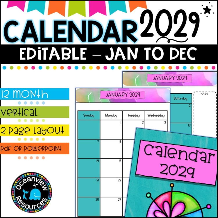 2029 Calendar Editable-January to December