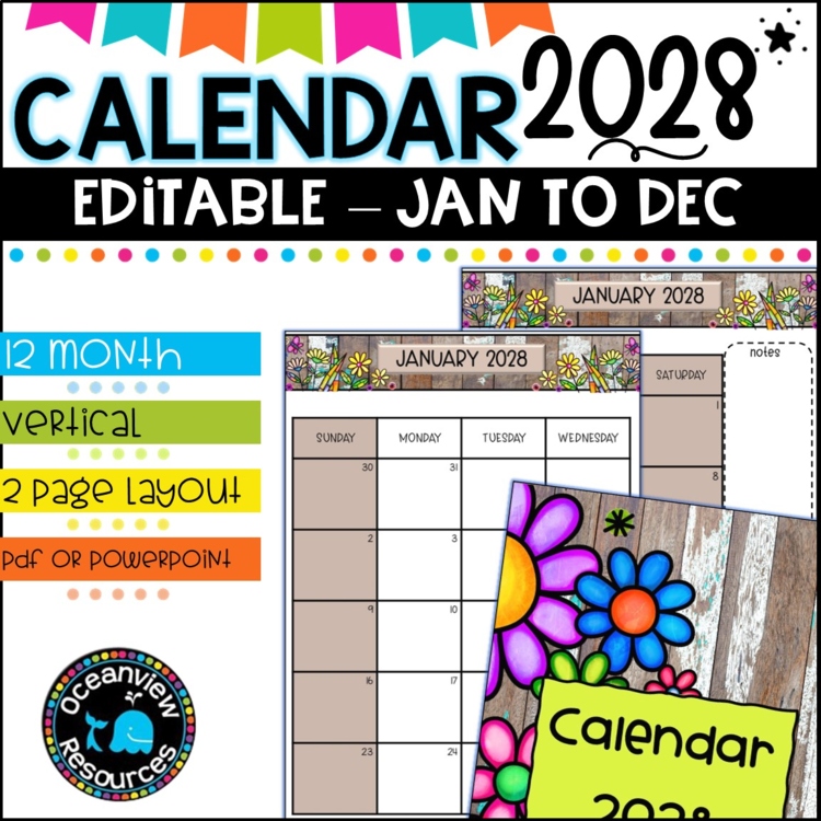 2028 Calendar Editable-January to December