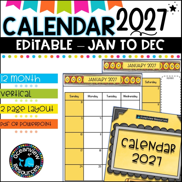 2027 Calendar Editable-January to December