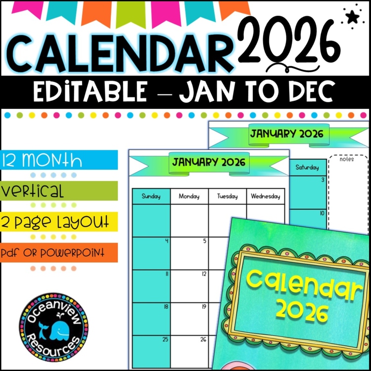 2026 Calendar Editable-January to December