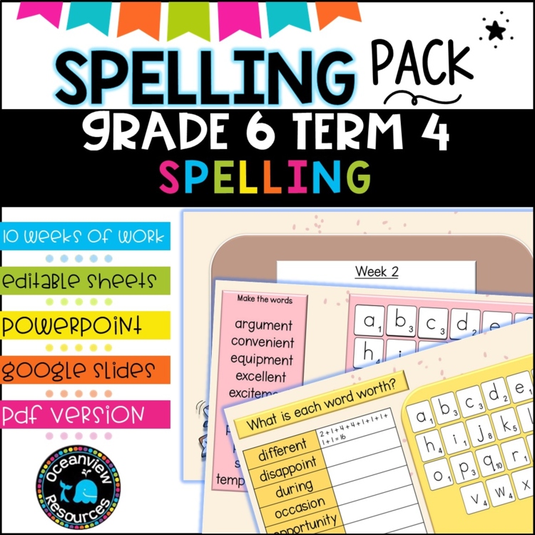 Spelling Pack for Term 4 Grade 6 - Suitable for Distance Learning