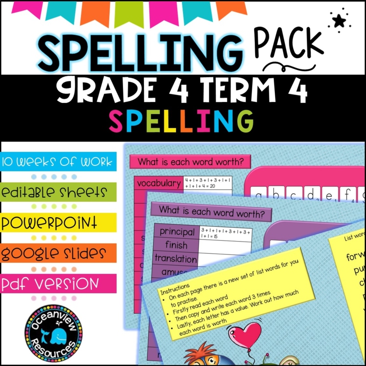 Spelling Pack for Term 4 Grade 4 - Suitable for Distance Learning