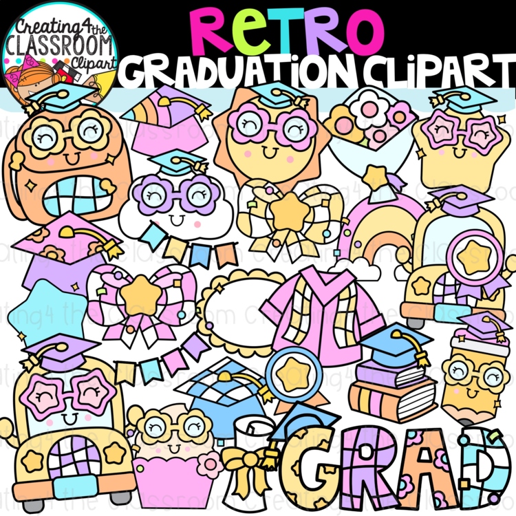 Retro Graduation Clipart | Groovy Graduation clipart for worksheets