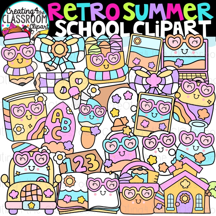 Retro Summer School Clipart | Groovy Summer clipart for worksheets