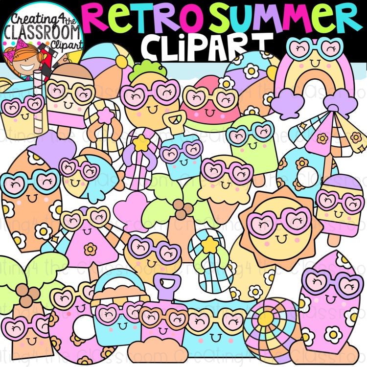 Retro Summer Clipart | Groovy Summer clipart for worksheets