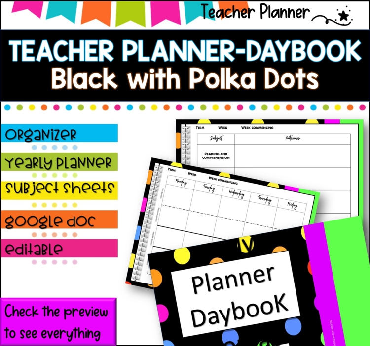 Daybook Planner for Teachers- BLACK POLKA DOTS PDF I GOOGLE SLIDES I PPT