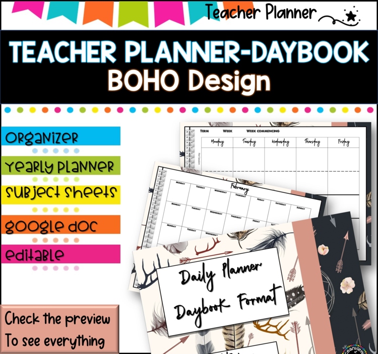 Daybook Planner for Teachers- BOHO  PDF I GOOGLE SLIDES I PPT