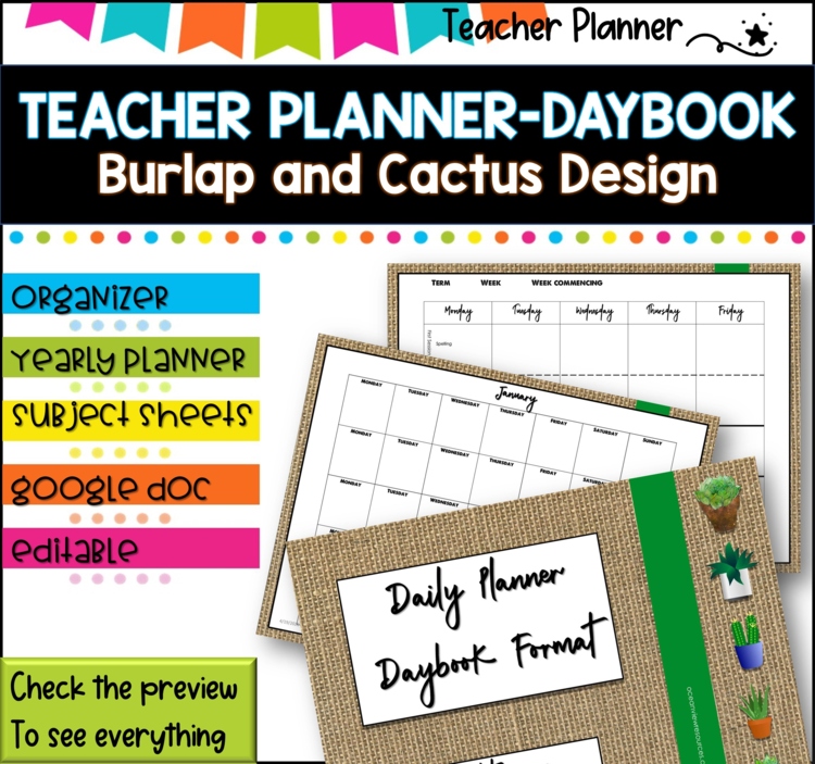 Daybook Planner for Teachers- BURLAP AND CACTUS  PDF I GOOGLE SLIDES I PPT