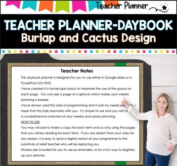 Daybook Planner for Teachers- BURLAP AND CACTUS  PDF I GOOGLE SLIDES I PPT, image 2
