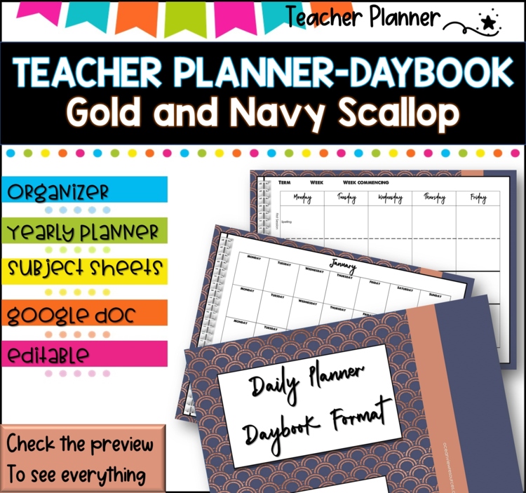 Daybook Planner for Teachers-ROSE GOLD AND NAVY  PDF I GOOGLE SLIDES I PPT