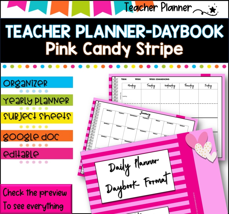 Daybook Planner for Teachers- PINK STRIPED  PDF I GOOGLE SLIDES I PPT