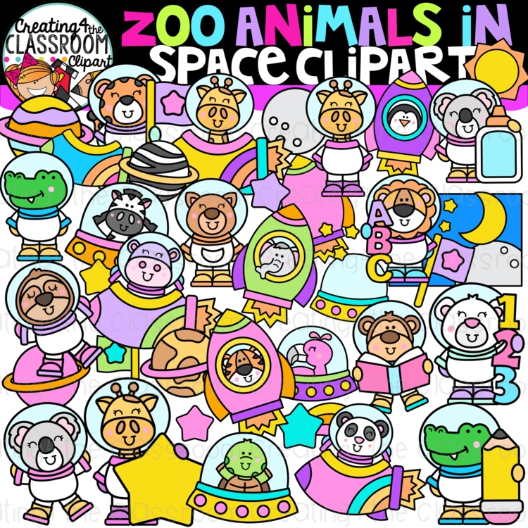 Zoo Animals in Space Clipart | Astronaut animals clipart for worksheets