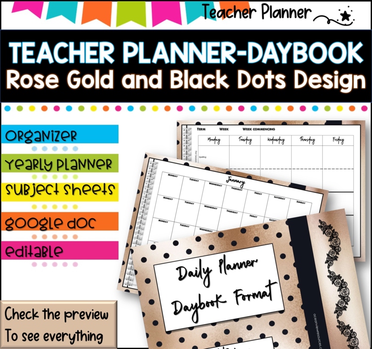 Daybook Planner for Teachers- Rose Gold -Black SPOTS  PDF I GOOGLE SLIDES I PPT