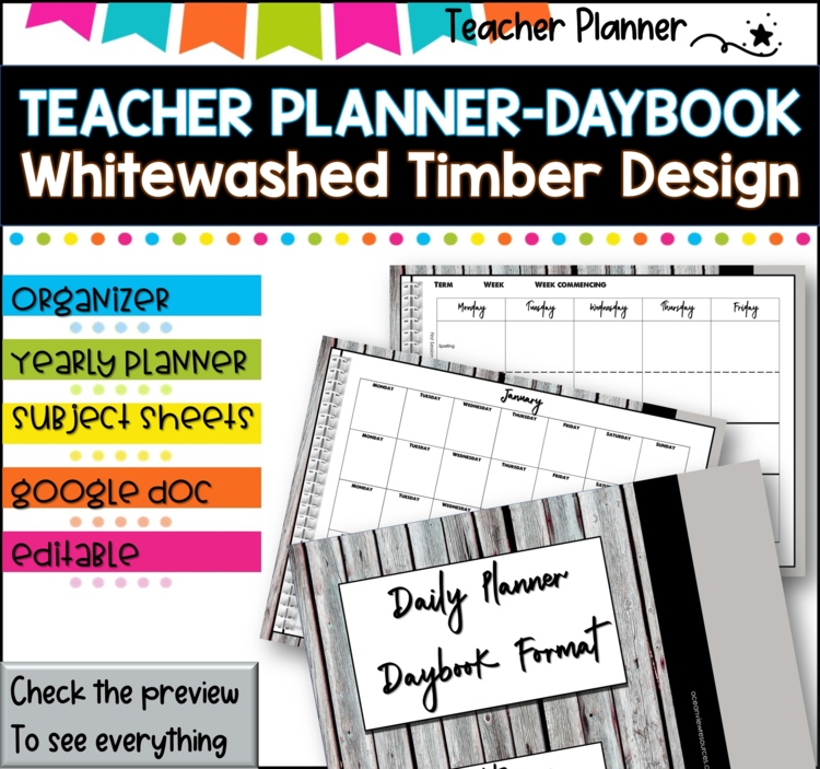 Daybook Planner for Teachers- Whitewashed Timber  PDF I GOOGLE SLIDES I PPT