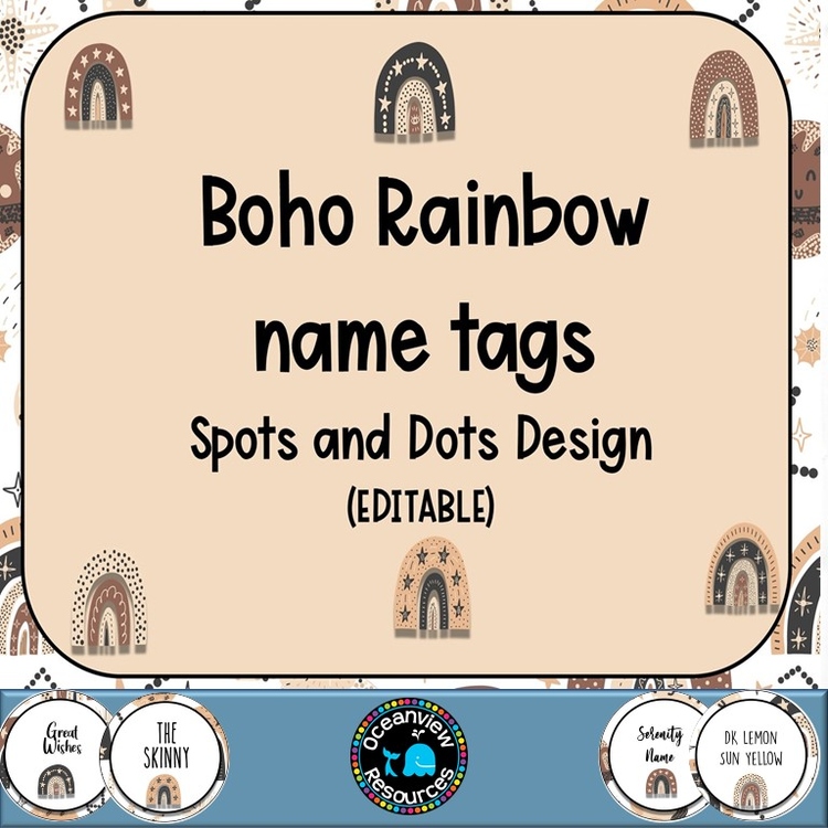 Editable Nametags Circular- SPOTS AND DOTS-  Boho Rainbow design