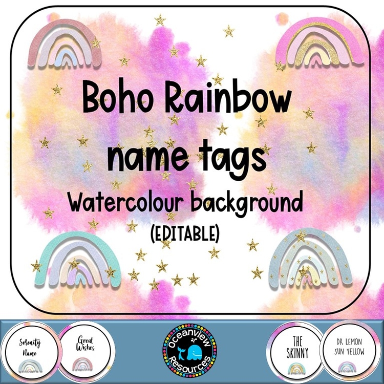 Editable Nametags Circular- RAINBOW WASH-  Boho Rainbow design
