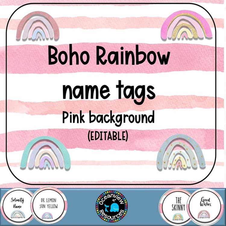 Editable Nametags Circular-  PINK  Boho Rainbow design