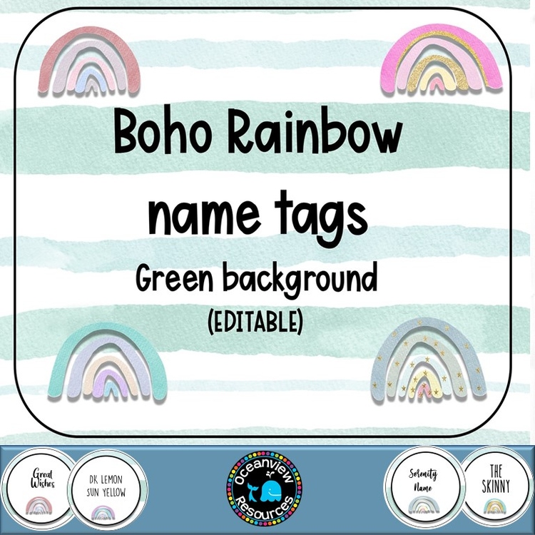 Editable Nametags Circular-  GREEN  Boho Rainbow design