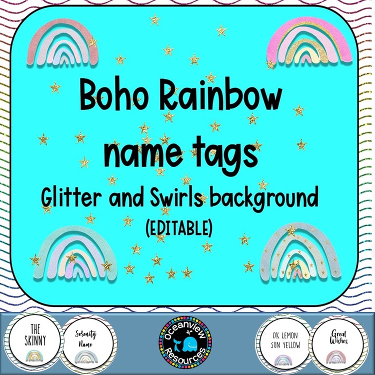 Editable Nametags Circular- GLITTER AND SWIRLS Boho Rainbow design