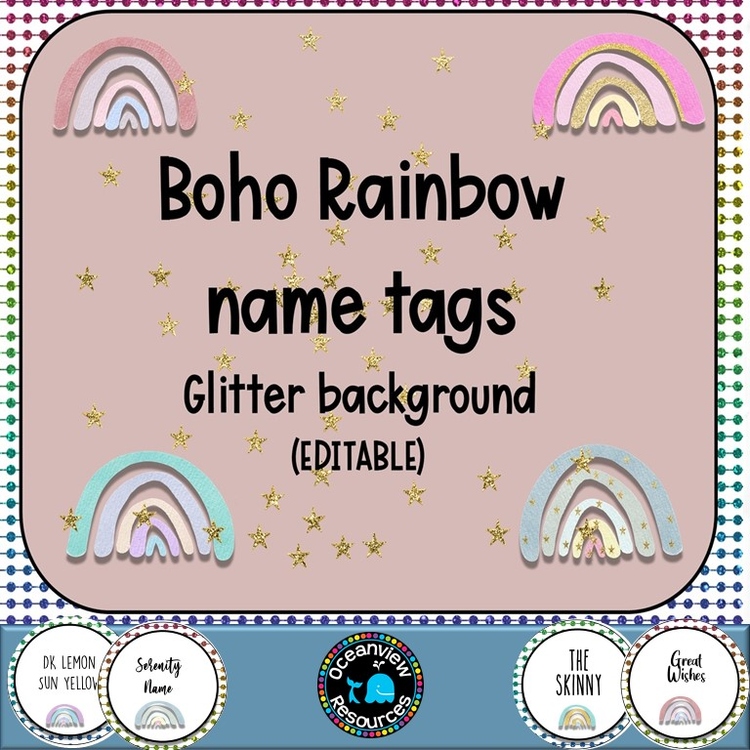 Editable Nametags Circular- GLITTERY Boho Rainbow design