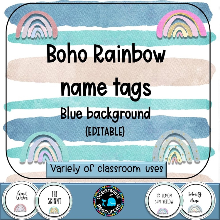 Editable Nametags Circular- BLUE WASH  Boho Rainbow design