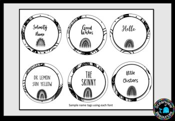 Editable Nametags Circular-  BLACK AND WHITE Boho Rainbow design, image 4