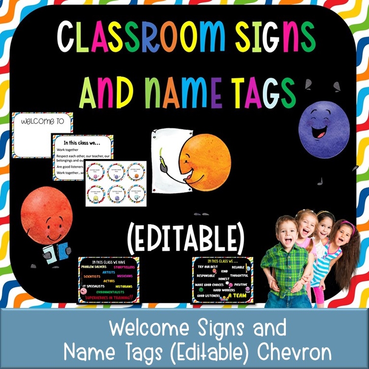 Classroom Signs and Name tags (Editable) CHEVRON
