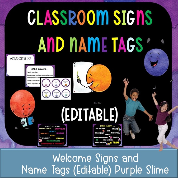 Classroom Signs and Name tags (Editable) PURPLE