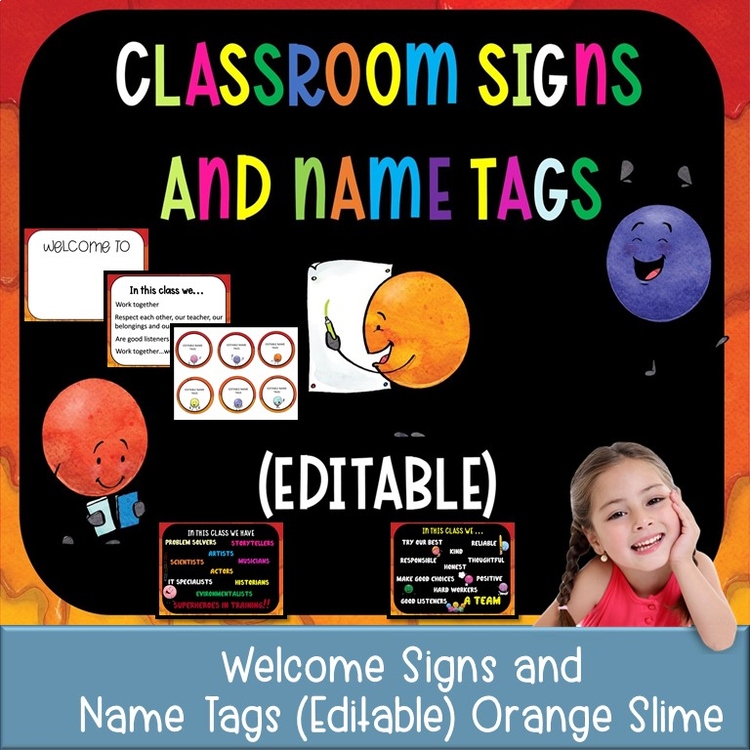 Classroom Signs and Name tags (Editable) ORANGE