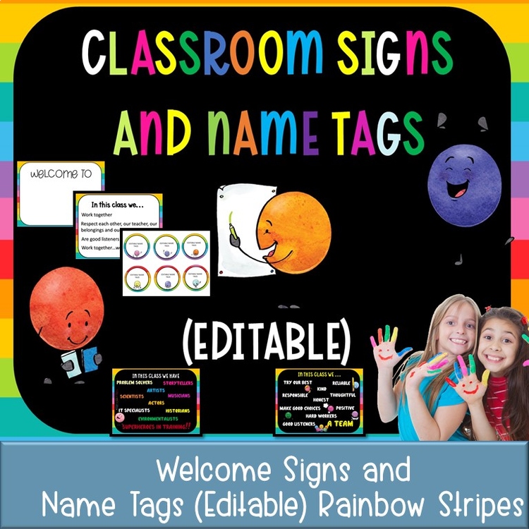 Classroom Signs and Name tags (Editable) RAINBOW