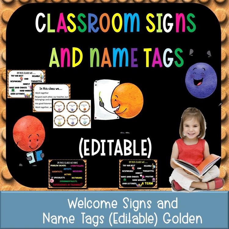 Classroom Signs and Name tags (Editable) GOLD