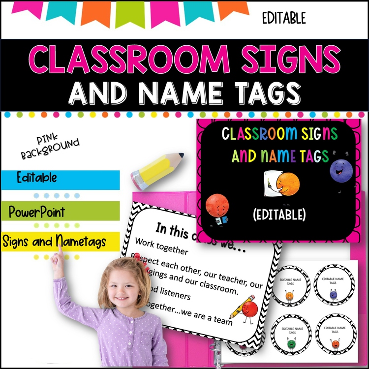 Classroom Signs and Name tags (Editable) PINK Half