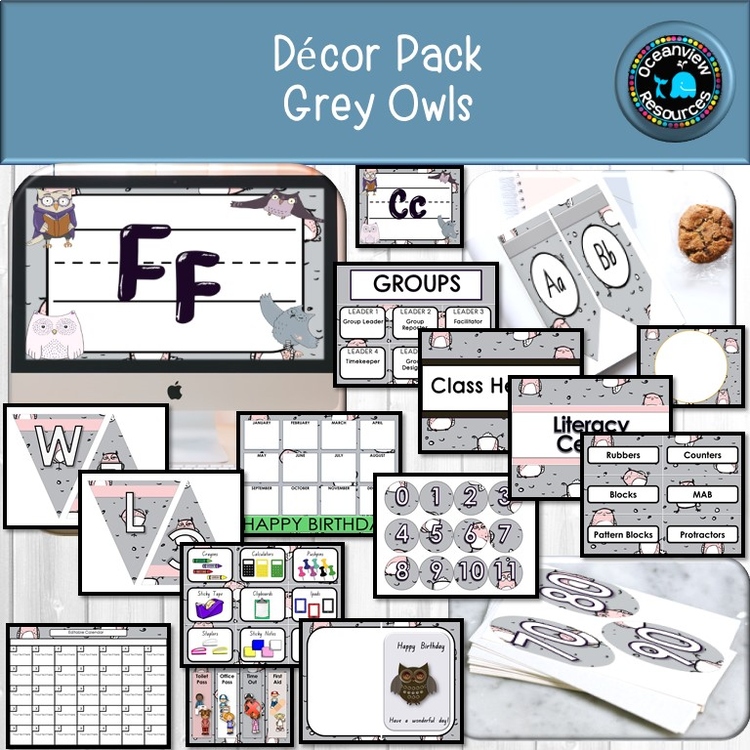CLASSROOM DECOR I GREY OWLS I labels, signs, posters and charts