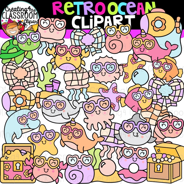 Retro Ocean Animals Clipart | Groovy Ocean clipart for worksheets
