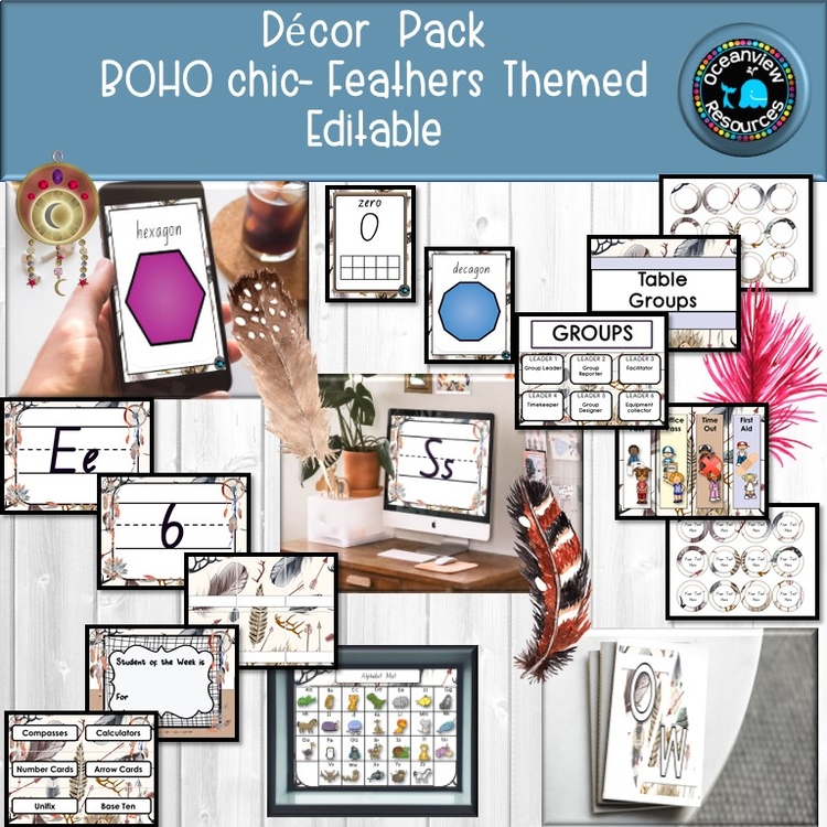 CLASSROOM DECOR I BOHO FEATHERS I labels, signs, posters and charts
