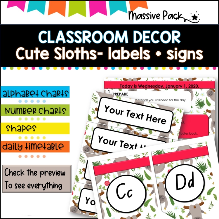 CLASSROOM DECOR I CUTE SLOTHS I labels, signs, posters and charts.