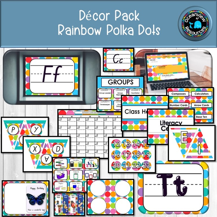 CLASSROOM DECOR I RAINBOW POLKADOT I labels, signs, posters and charts