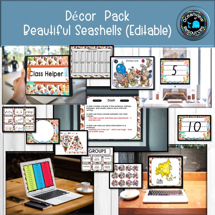 CLASSROOM DECOR I SEASHELLS I labels, signs, posters and charts