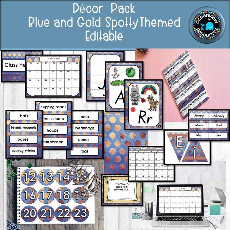 CLASSROOM DECOR I BLUE AND GOLD SPOTS I labels, signs, posters and charts