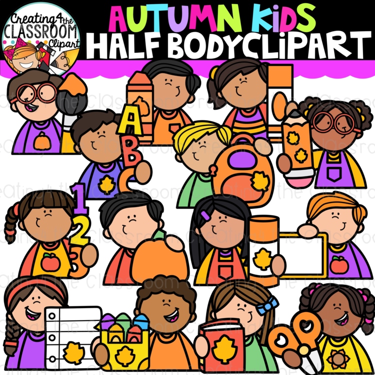 Half Body Autumn Kids Clipart | Half Body Kids clipart for worksheets
