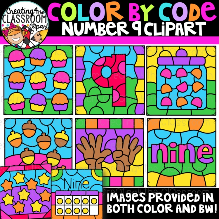 Number 9 Color by Code Clipart | Counting and Early Math Activities