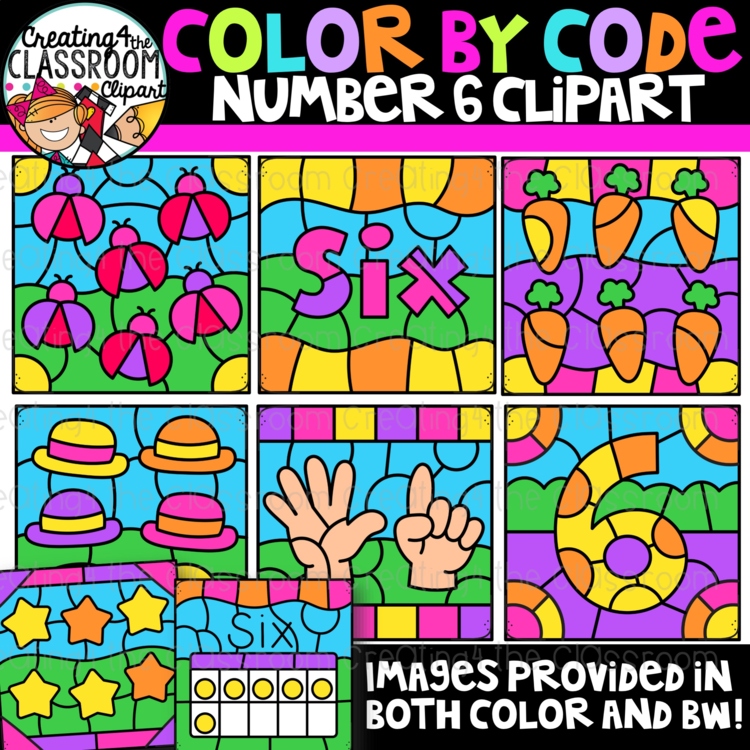 Number 6 Color by Code Clipart | Counting and Early Math Activities