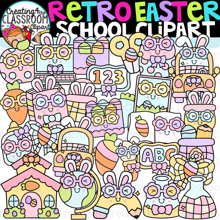 Retro Easter School Clipart | Groovy Easter clipart for worksheets